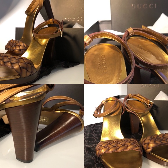NIB Gucci Bronze Metallic Braided Stacked Heel 8.5 - Picture 6 of 8
